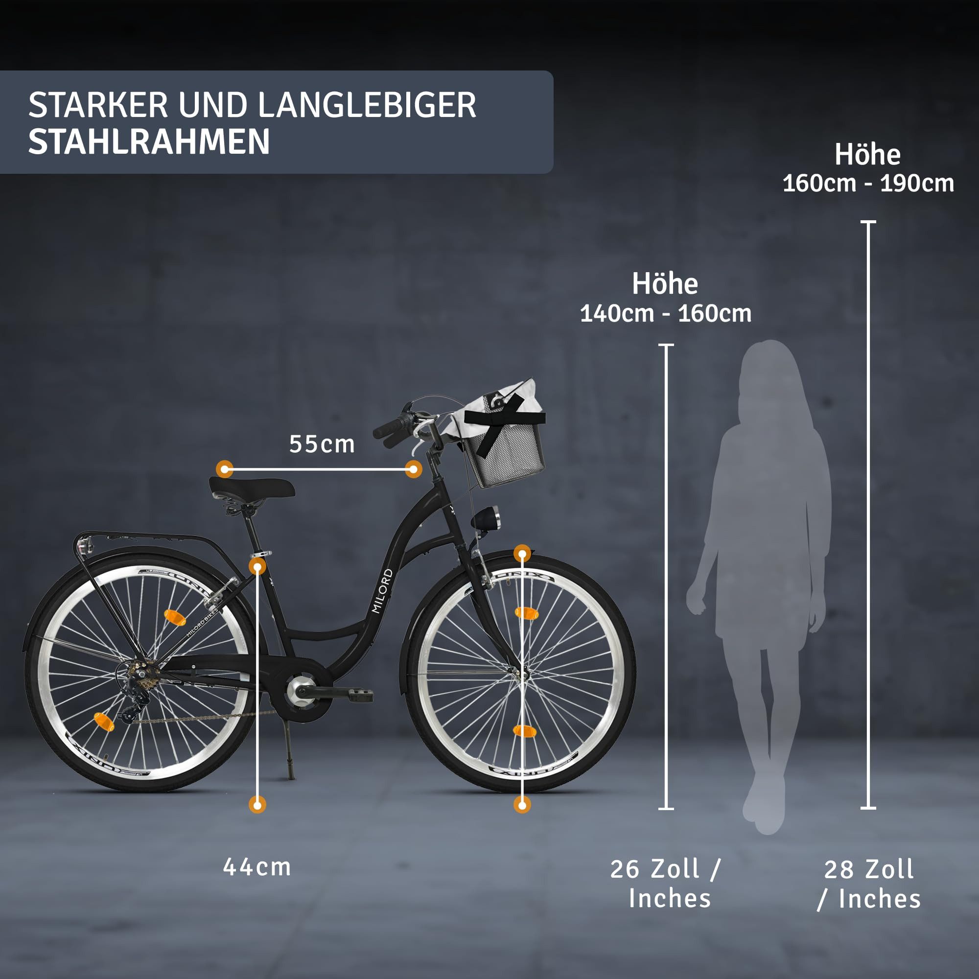 Milord Cityrad Milord Komfort City Fahrrad mit Korb Retro Damenfahrrad, 28/26 Zoll, 7 Gang, (Fahrradständer, Gepäckträger, Klingel, Korb, Kotflügel), Schwarz, 7-Gang