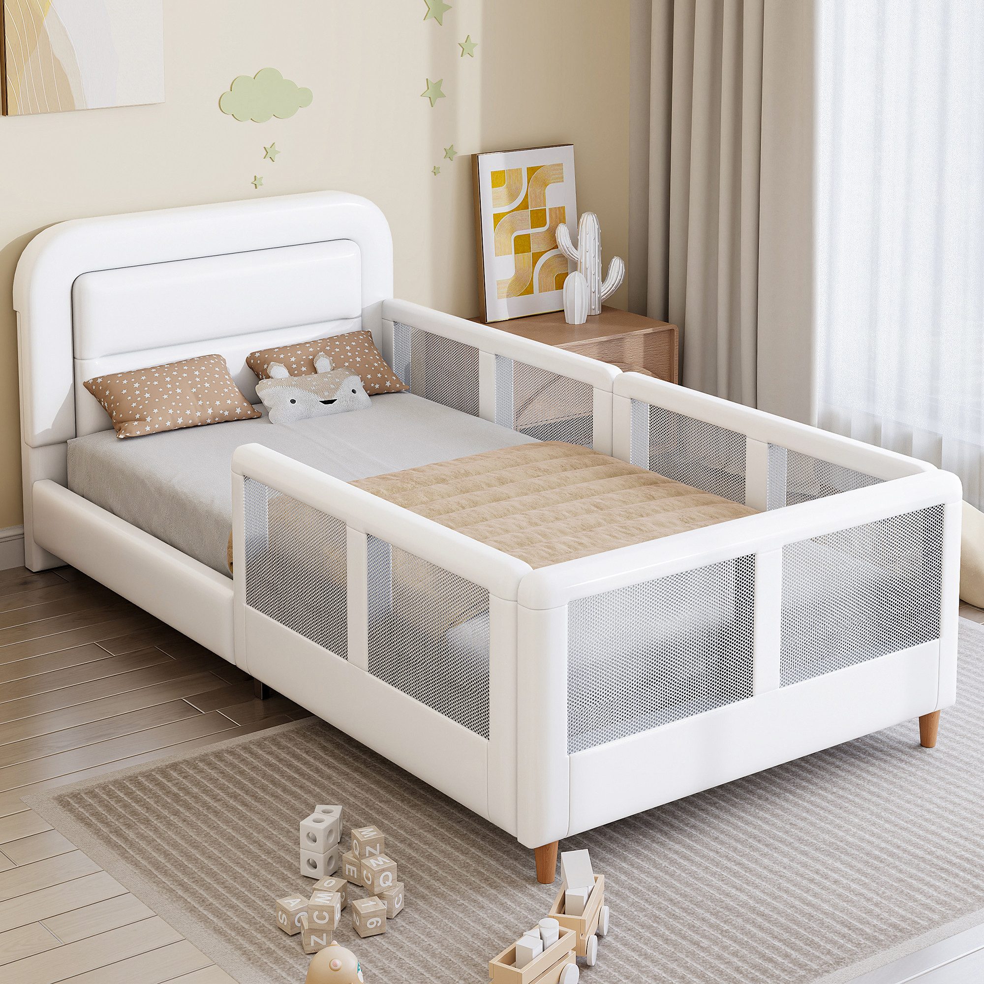 Flieks Kinderbett, Polsterbett Einzelbett 90x200cm mit Netzgewebe-Sicherheitsgeländer