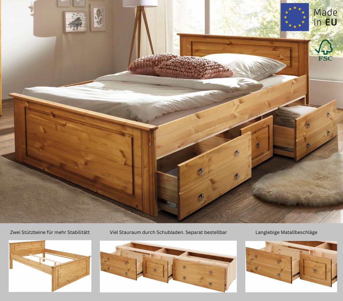 OTTO home Massivholzbett Hugo, FSC® zertifiziert, Landhausstil, zeitlos und edel (auch als Super Sparset inklusive Schubkästen), Stauraumbett, extra belastbar, Made in EU, viele Breiten