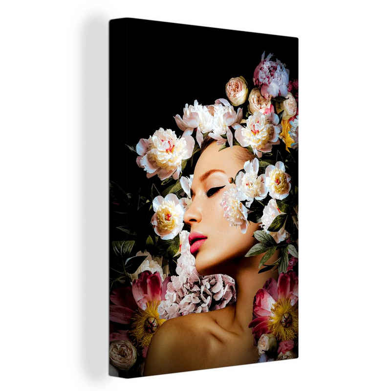 OneMillionCanvasses® Leinwandbild Frauen - Blumen - Rosen - Porträt, (1 St), Leinwandbild fertig bespannt inkl. Zackenaufhänger, Gemälde, 20x30 cm