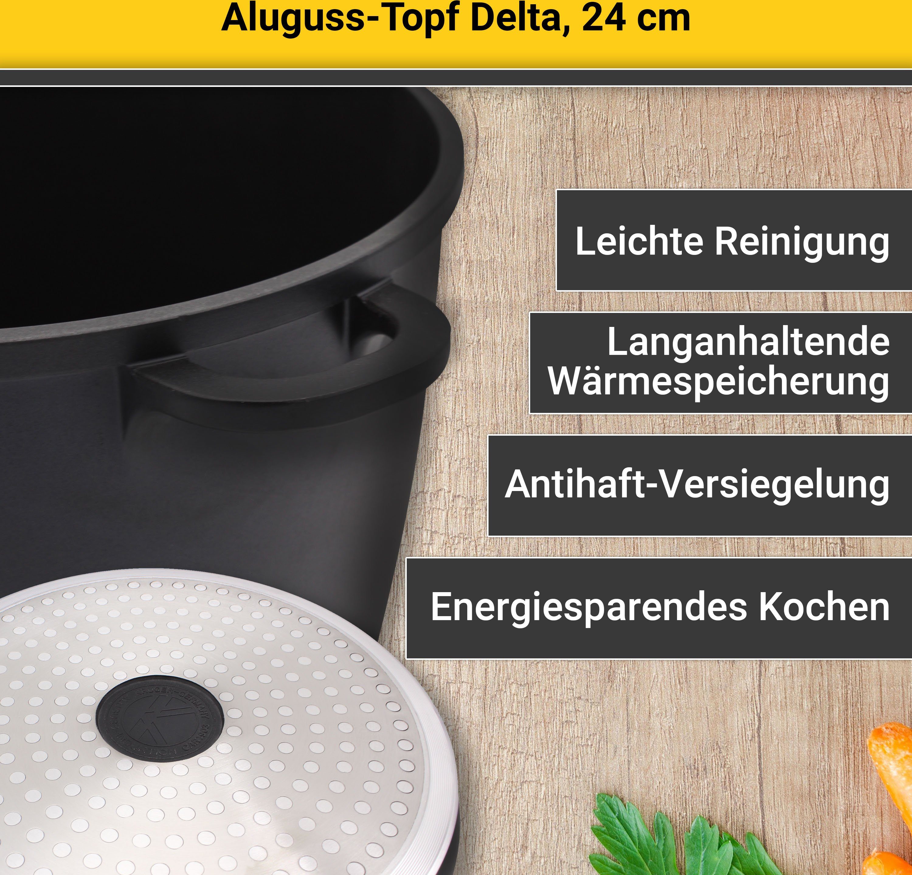 Krüger Fleischtopf Aluguss Fleischtopf mit Glasdeckel DELTA, Aluminiumguss (1-tlg), für Induktions-Kochfelder geeignet