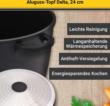 Krüger Fleischtopf Aluguss Fleischtopf mit Glasdeckel DELTA, 24 cm, Aluminiumguss (1-tlg), für Induktions-Kochfelder geeignet
