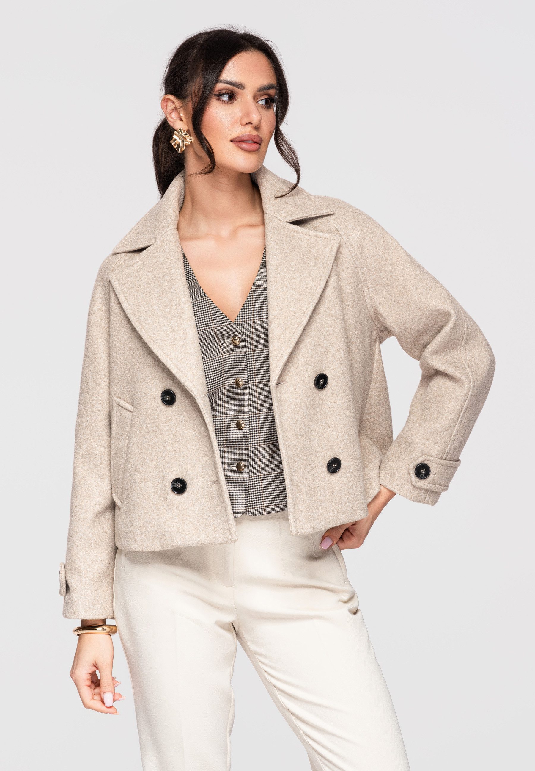 OMBRE Trenchcoat Damen Peacoat Kurzmantel Oversize Casual Taupe XL (kein Set, 1-tlg) Zweireihige Knopfleiste, breite Revers