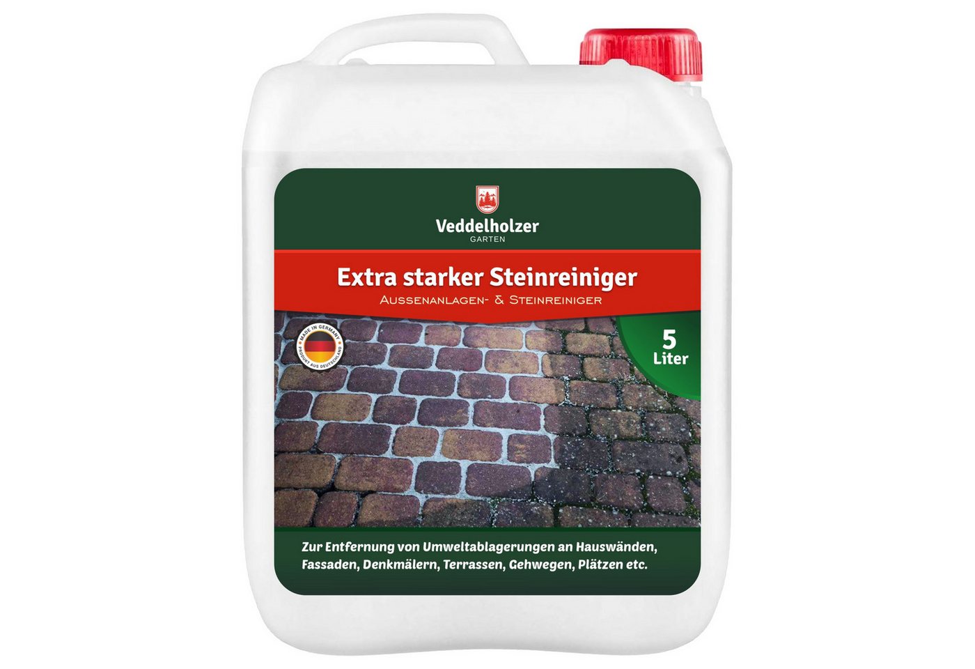 Veddelholzer Außenanlagenreiniger Steinreiniger 5 Liter Konzentrat Langzeitwirkung Naturstein-Reiniger (Qualität aus Germany, [- Grünbelagentferner Wege Pflastersteine Fugen ohne Glyphosat Unkrautvernichter)