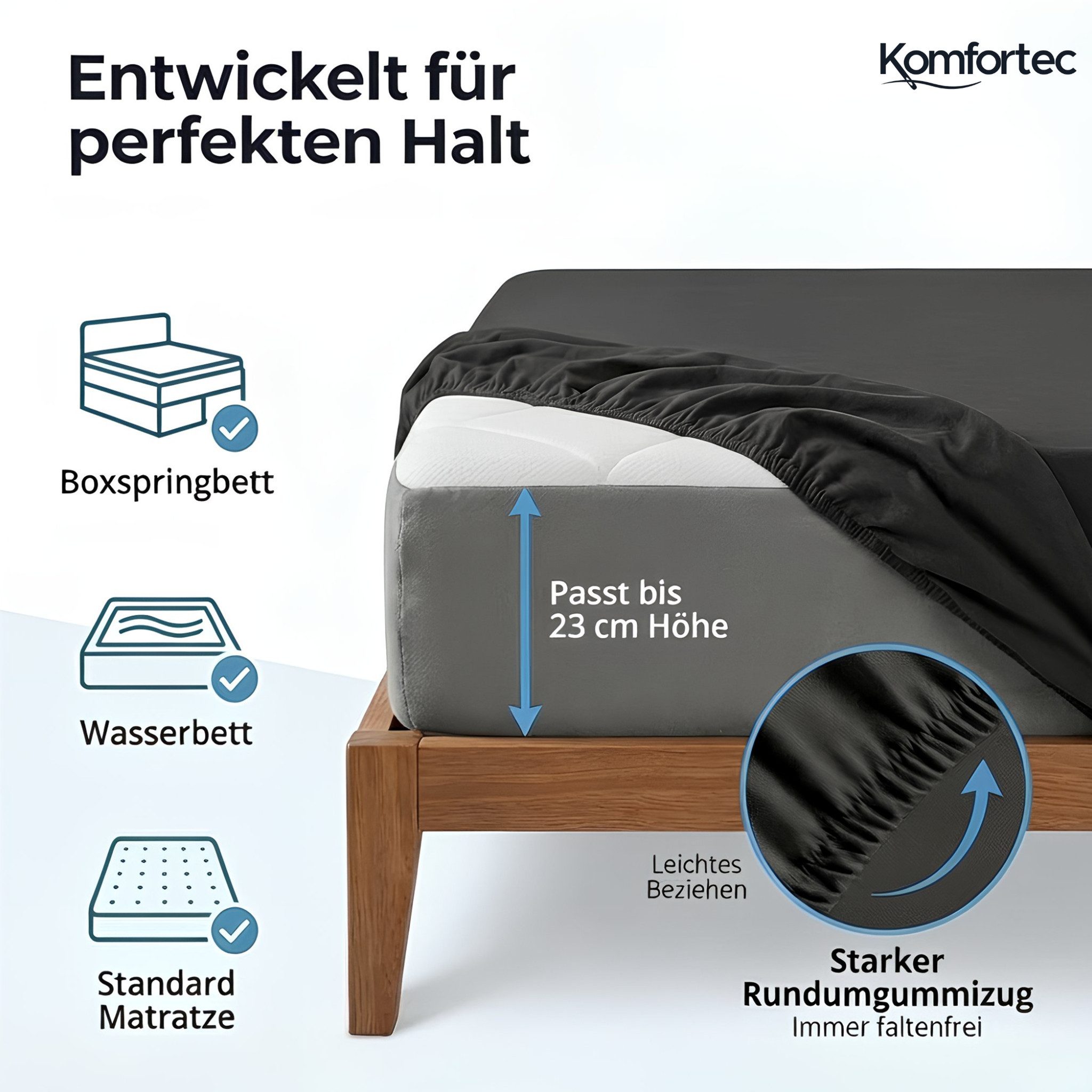 Komfortec Spannbettlaken Jersey Spannbettuch, 90x200, 140x200, 160x200, 180x200 oder 200x200 cm, 100% Baumwolle (135 g/m), Gummizug: Rundum, (1 Stück), OEKO-TEX® Standard 100 Zertifisiert, für Matratzen bis 25 cm Höhe