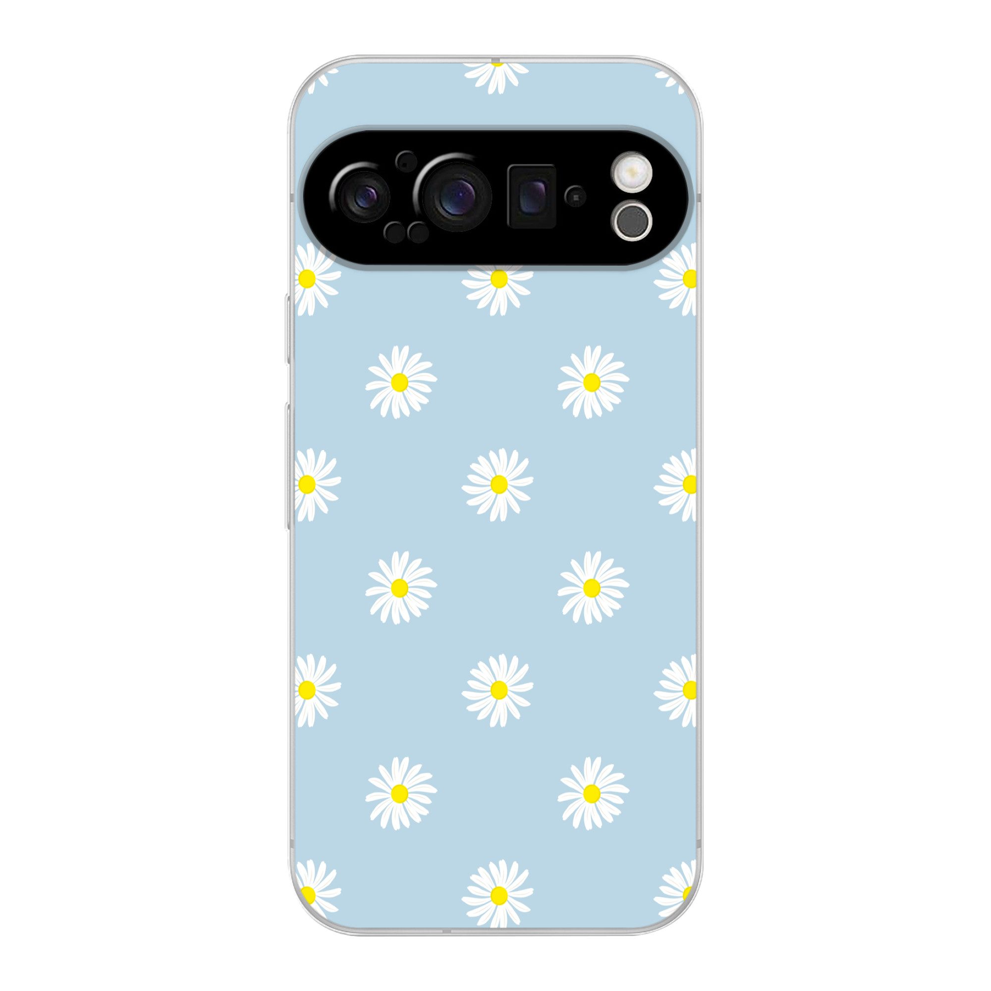 MuchoWow Handyhülle für Google Pixel 9 Pro Gänseblümchen - Pastell - Weiß - Blau - Blumen, Phone Case, Silikon, Schutzhülle Dünn