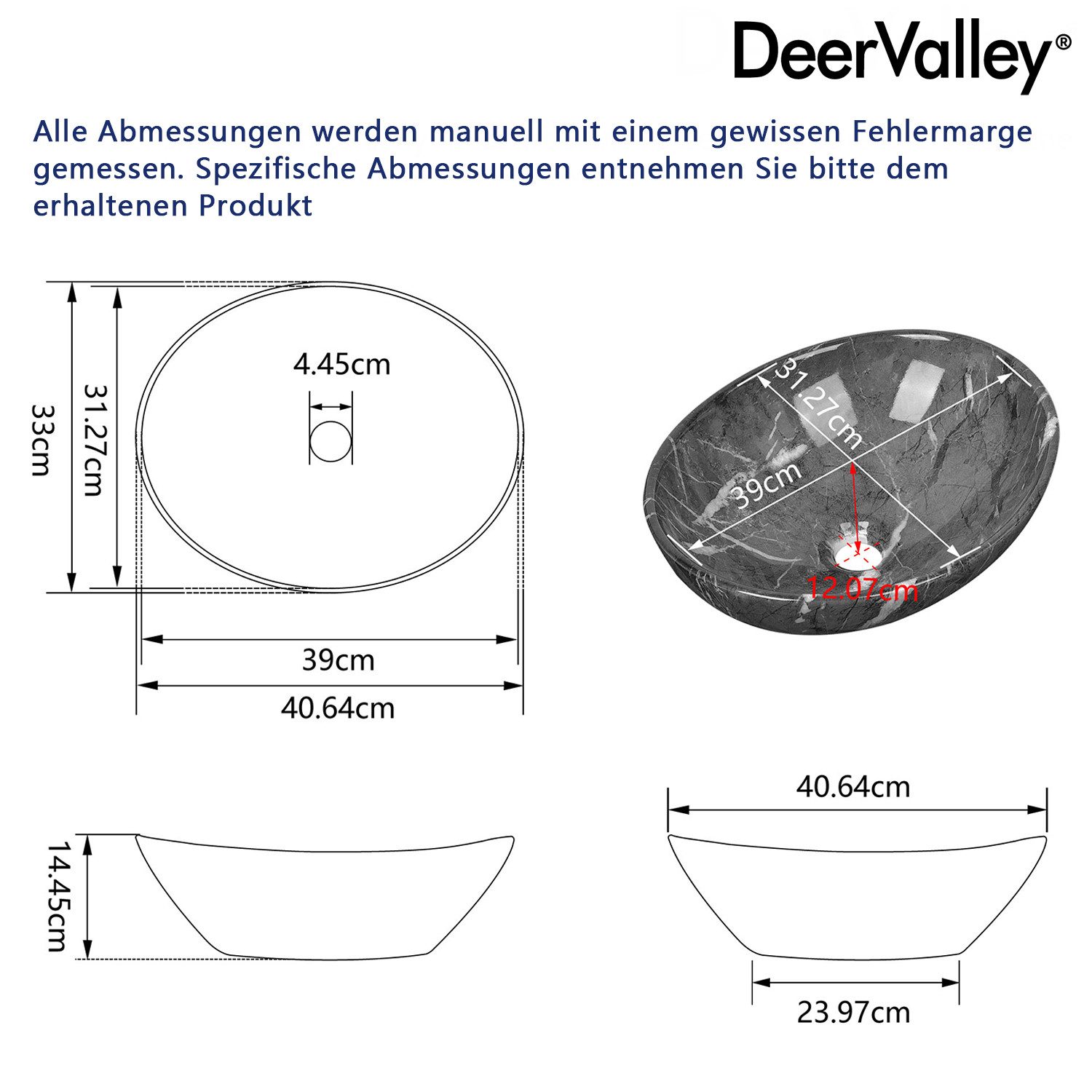 DeerValley Aufsatzwaschbecken DeerValley Oval Keramik Aufsatzwaschbecken Badezimmer Gäste-WC 40x33cm (Packung, ohne Armatur und Ablaufgarnitur), Ovale Keramik-W – Bild 2 von 5