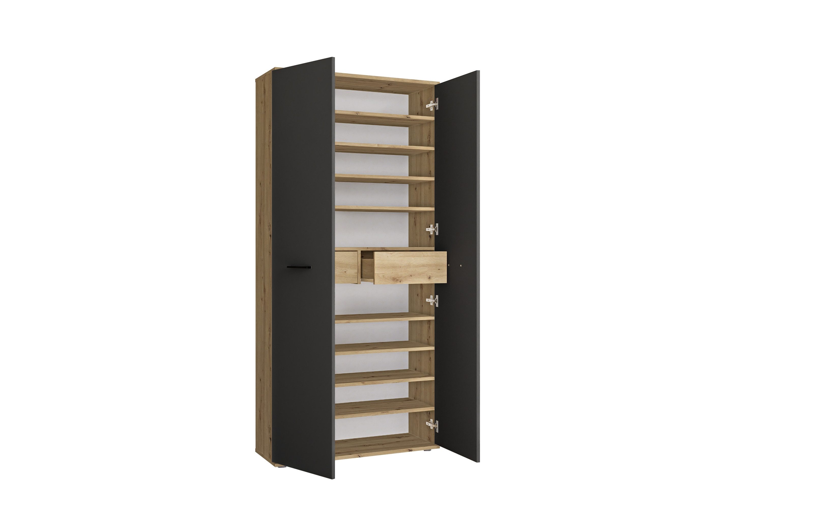 PREISBRECHER Schuhschrank Leon 2 Türen + Schübe, 9 Böden, Eiche Dekor / Anthrazit - 90x195x38cm BxHxT