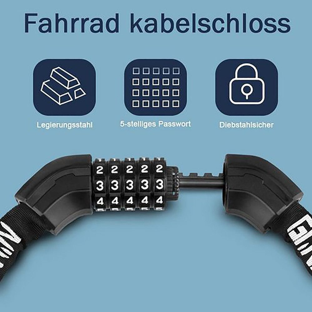 Fine Life Pro Zahlenkettenschloss Premium Fahrradschloss (3-tlg., Tragbarer Luftkompressor Elektrische Fahrradpumpe,( Doppelset), massiv gehärteter Stahl, 98cm