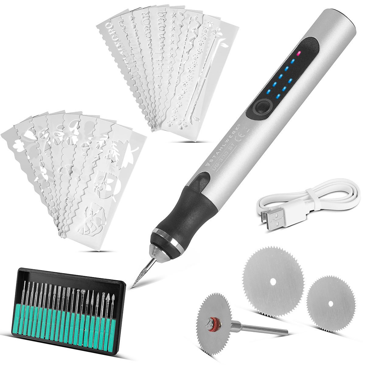 STAHLWERK Fräse USB Gravierstift 8 W Akku Gravierer Gravurgerät Fräser Gravurwerkzeug, (Packung, 4-tlg), bis zu 18.000 U/min für präzise Graveurarbeiten