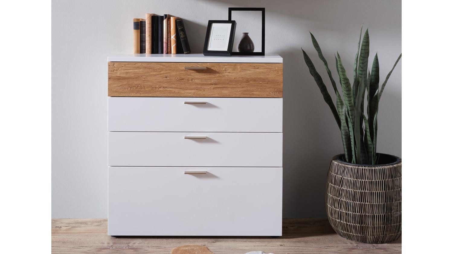 Möbel Akut Kommode Kommode OSLO weiß matt lackiert und Asteiche hell Massivholz