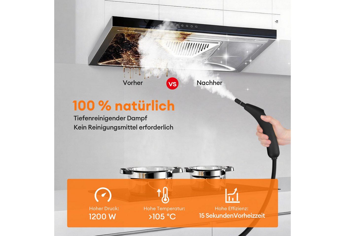 CkeyiN Handdampfreiniger Mehrzweck-Dampfreiniger 15s Aufheizzeit 150-450 Kpa Dampf 3 Stufe, 1200 W, mit 400-ml-Wassertank 13 Zubehörteilen gegen Fett-und Kalkablagerungen