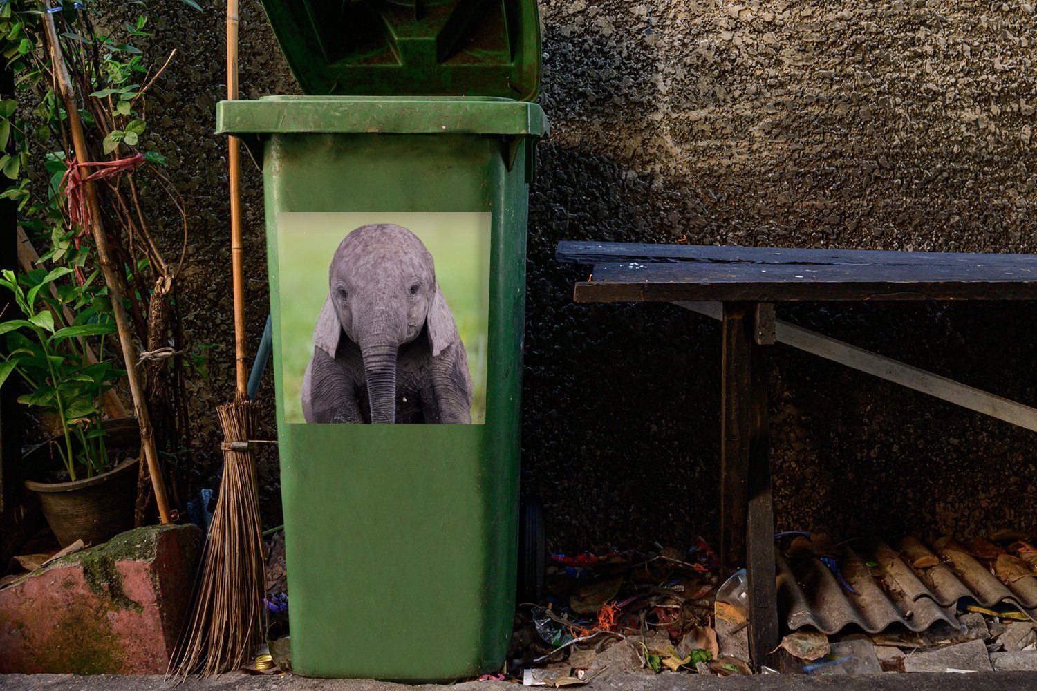 - - - Wandsticker Natur (1 Mülltonne, Elefant Tiere St), Mülleimer-aufkleber, - Abfalbehälter Baby Sticker, Gras MuchoWow Container,