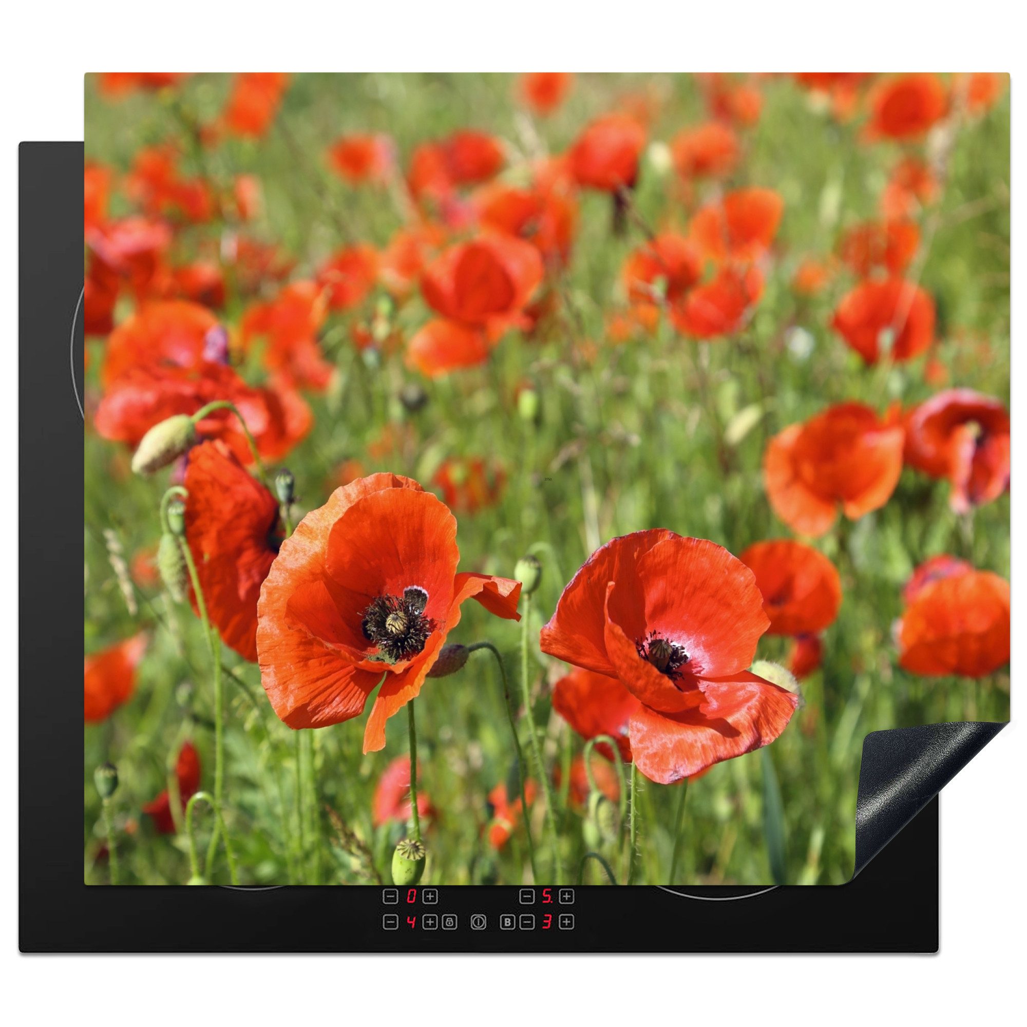 MuchoWow Herd-Abdeckplatte Blumen - Mohnblumen - Rot - Grün, Vinyl, (1 tlg), Abdeckplatte für Ceranfeld, Herd Inductionsmatte, 60x50 cm