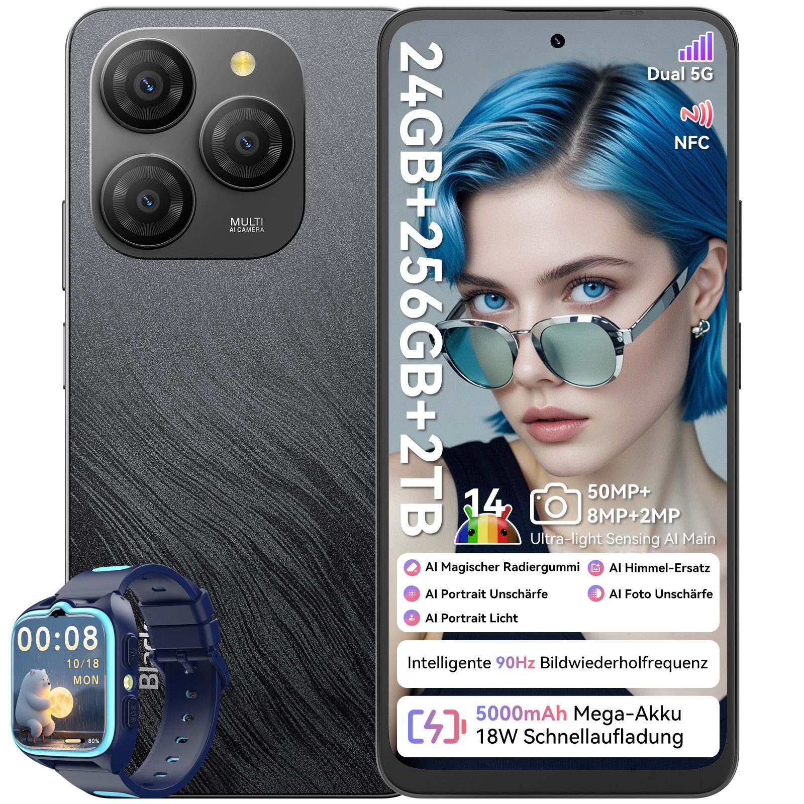 blackview Shark9 5G AI incl. Z30 Kinder Smartwatch Smartphone (6.7 Zoll, 256 GB Speicherplatz, 50 MP Kamera, Dual 5G, Android 14, NFC)