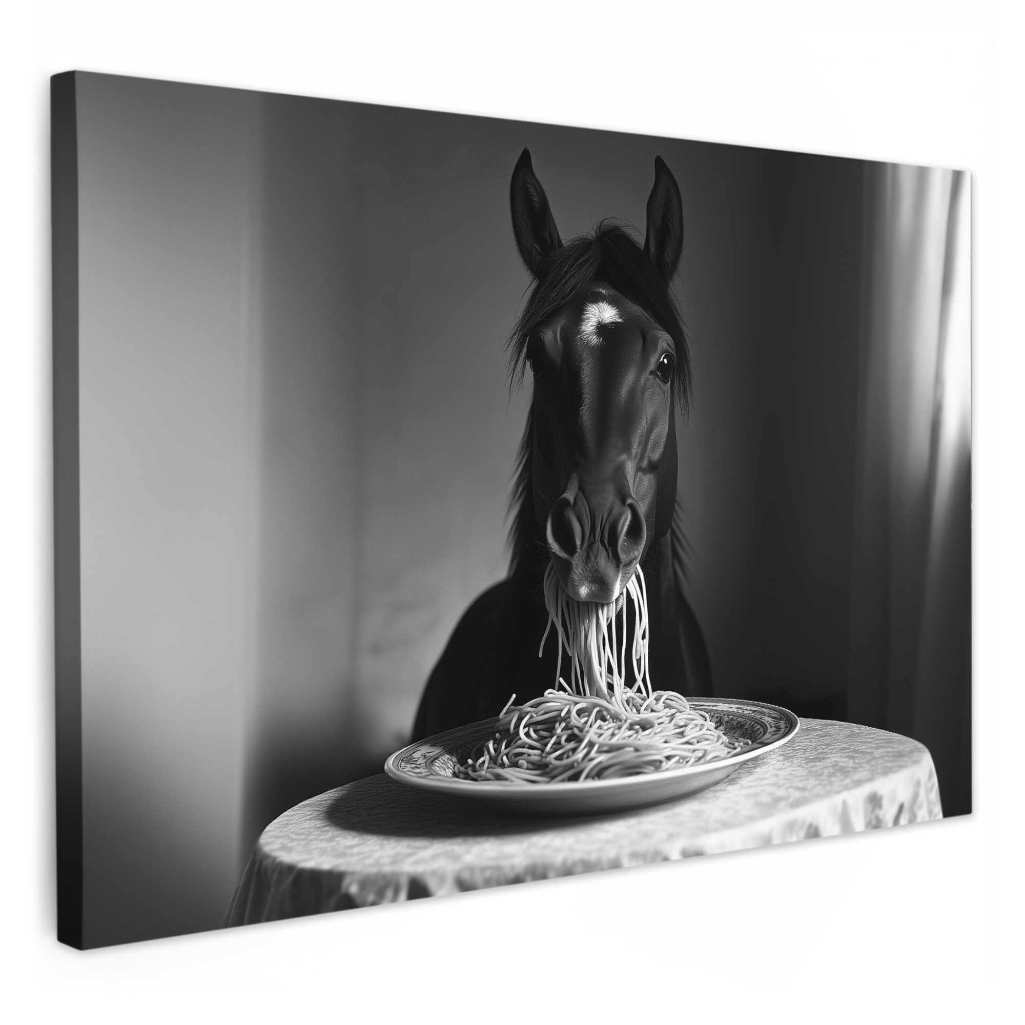 OneMillionCanvasses® Leinwandbild Pferd - Teller - Pasta - Tischtuch - Schw günstig online kaufen