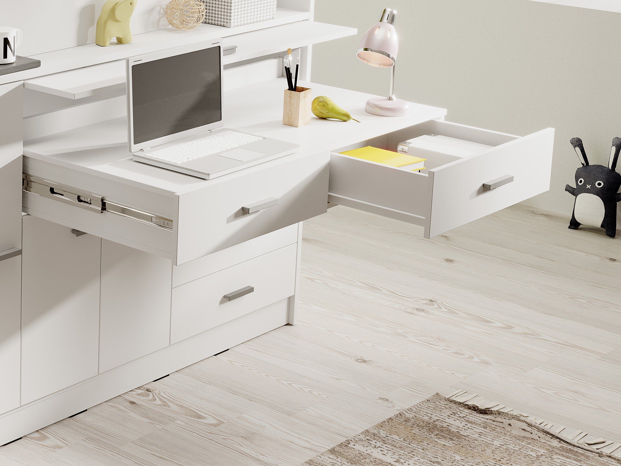 Möbel für Dich Hochbett Ingenio mit Treppe Schreibtisch, Lattenrost mit weiß/schwarz Stauraum und ausziehbarem Fronten viel