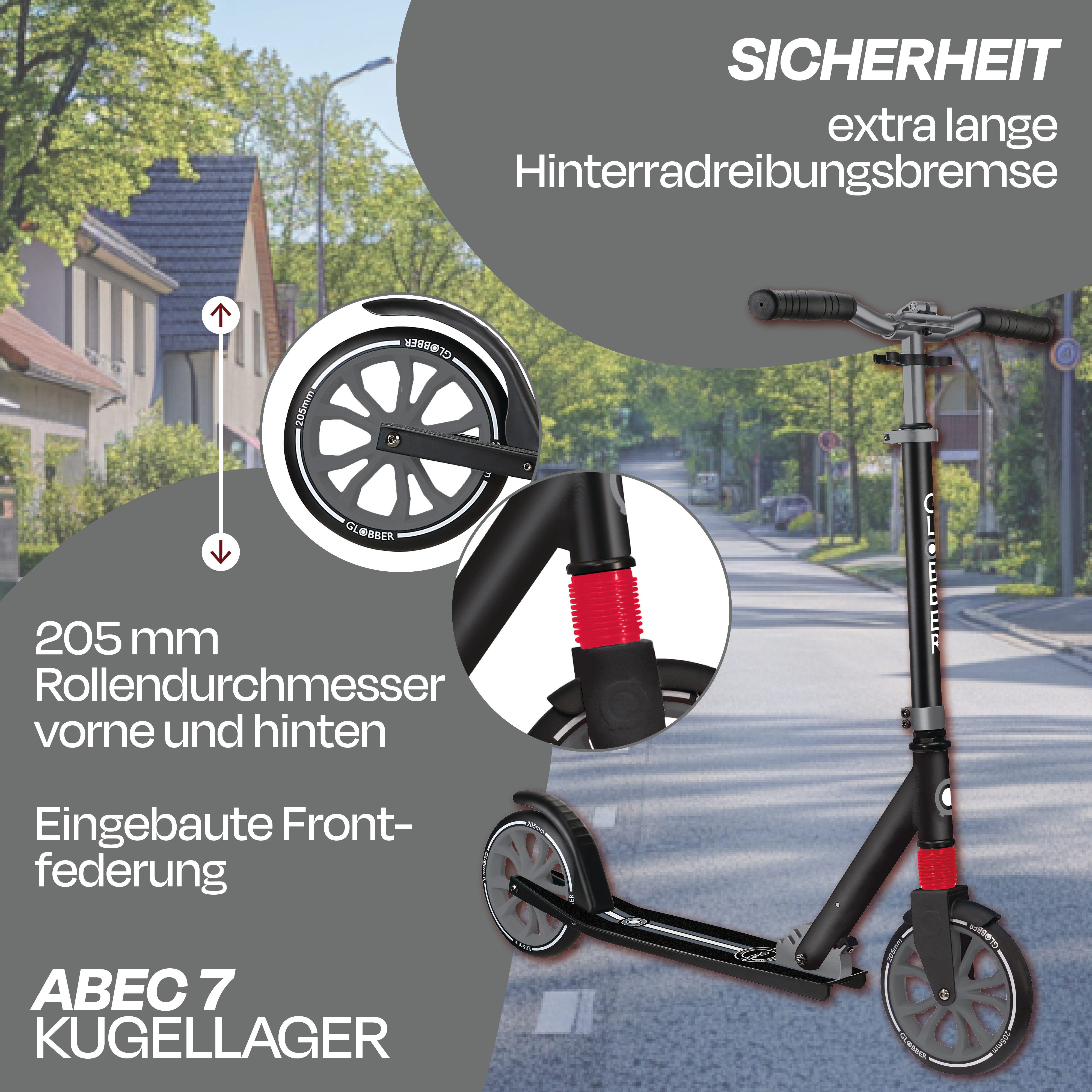 Globber Tretroller NL 205 Scooter - Für Kinder, Teens & Erwachsene, ABEC 7, Federung, Frontfederung PU-Rollen 205 mm Alu-Deck, Antirutsch – Bild 2 von 5