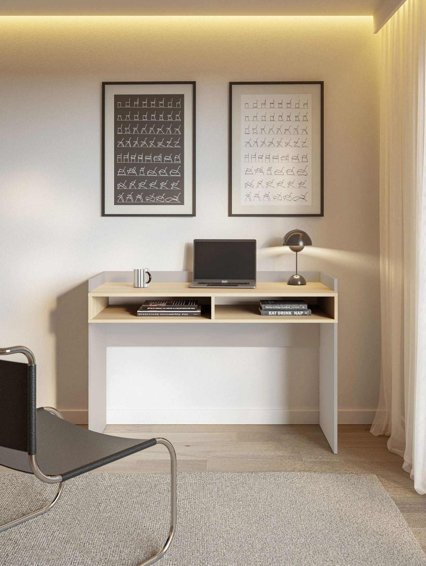 Selsey Schreibtisch TABISE, mit erhöhten Rändern und offenen Fächern, 120 × 53 cm