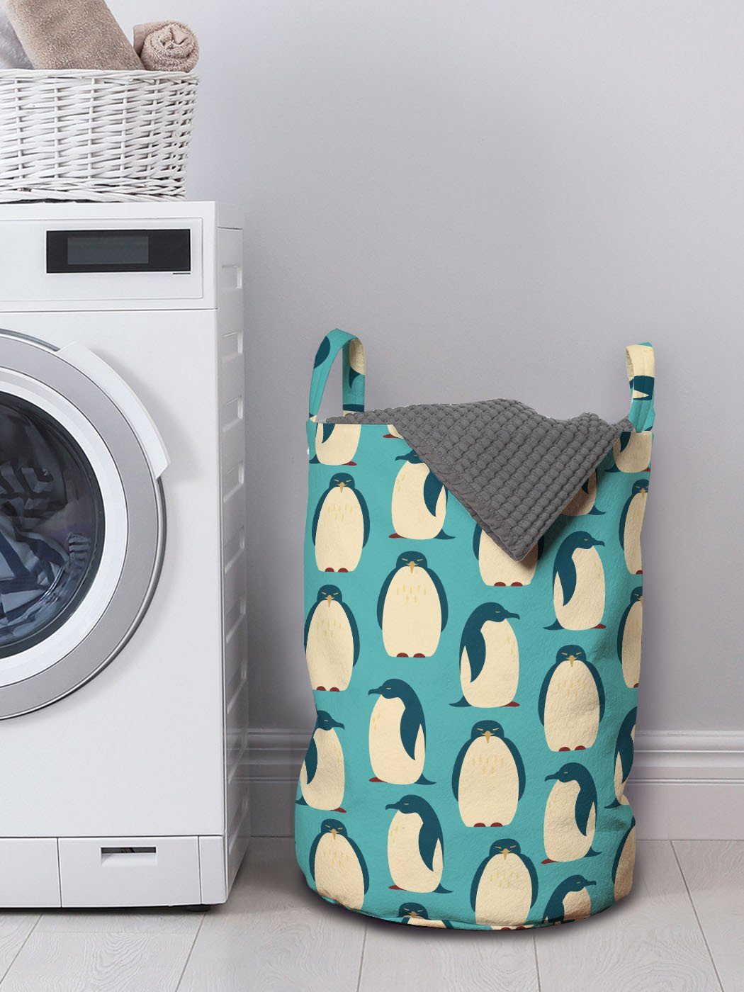 Vögel Wäschesäckchen für mit Wäschekorb Waschsalons, Pinguin Griffen Cartoon Abakuhaus Kordelzugverschluss