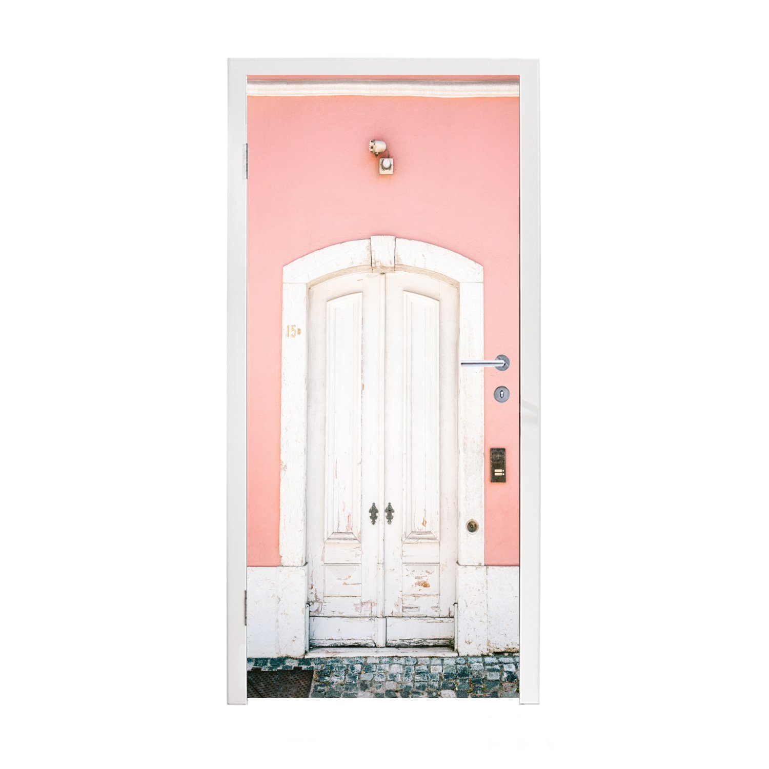 MuchoWow Türtapete Holz - Tür - Rosa - Weiß, Matt, bedruckt, (1 St), Fototapete für Tür, Türaufkleber, 75x205 cm