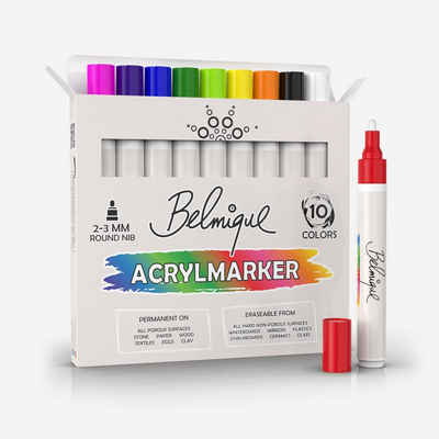 Belmique Marker »Acrylmarker für Stein, Holz, Leinwand«, (10-tlg., Bunt), Permanent auf rauen Oberflächen und auf Glass feucht abwischbar