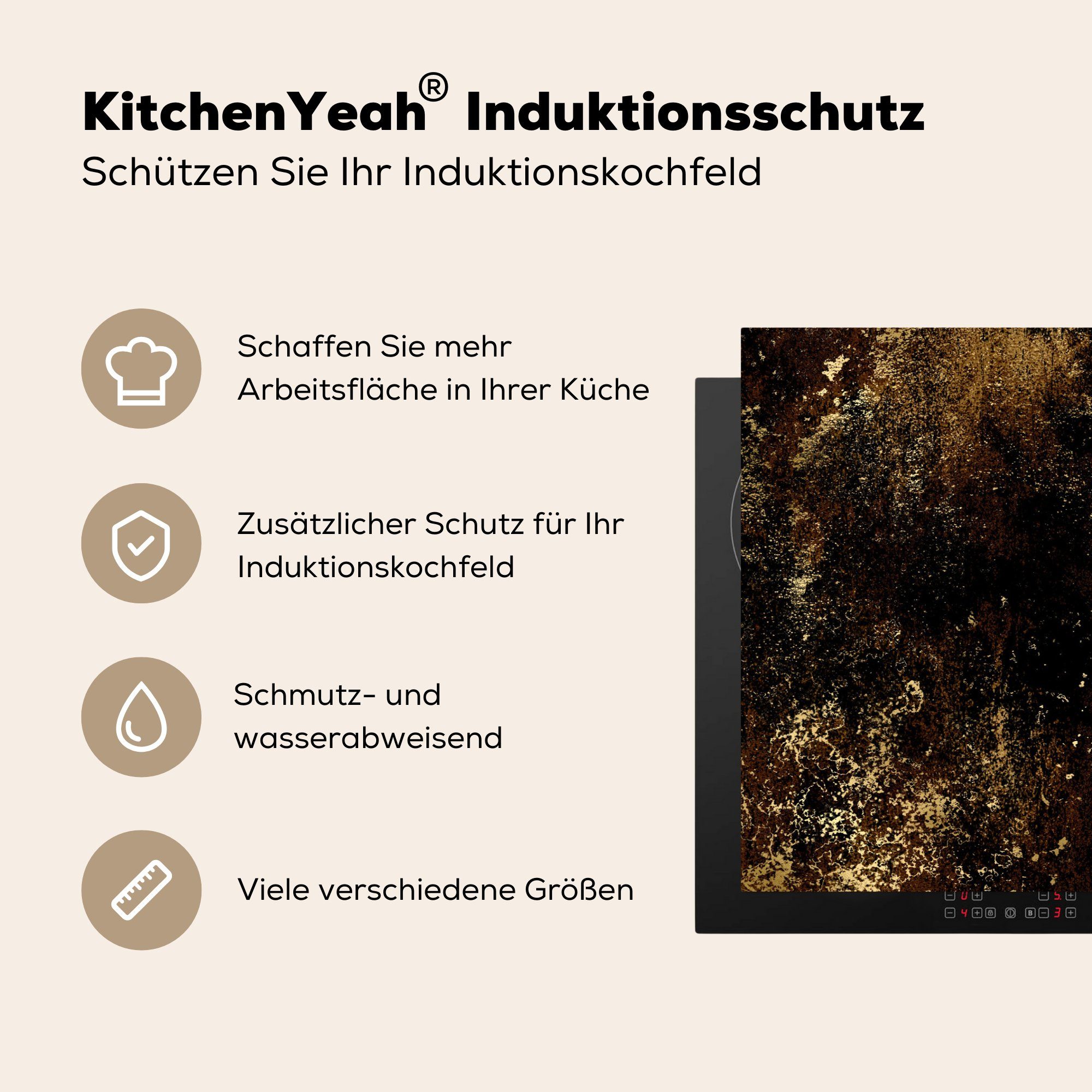 81x52 - Vintage MuchoWow Gold - Ceranfeldabdeckung Schutz Induktionskochfeld die küche, für (1 Vinyl, tlg), Schwarz Luxus, cm, Herdblende-/Abdeckplatte -