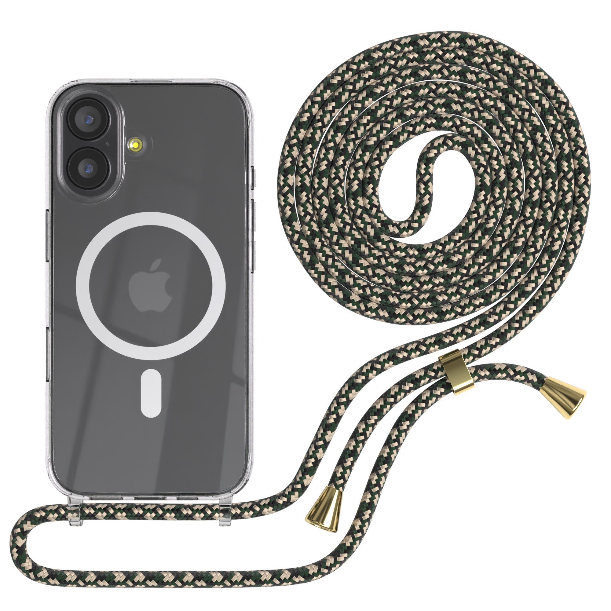 EAZY CASE Handykette mit Magsafe Hülle für Apple iPhone 17 6,3 Zoll, Umhängeband mit Backcover Etui Schutzhülle Hülle Case Camouflage Grün