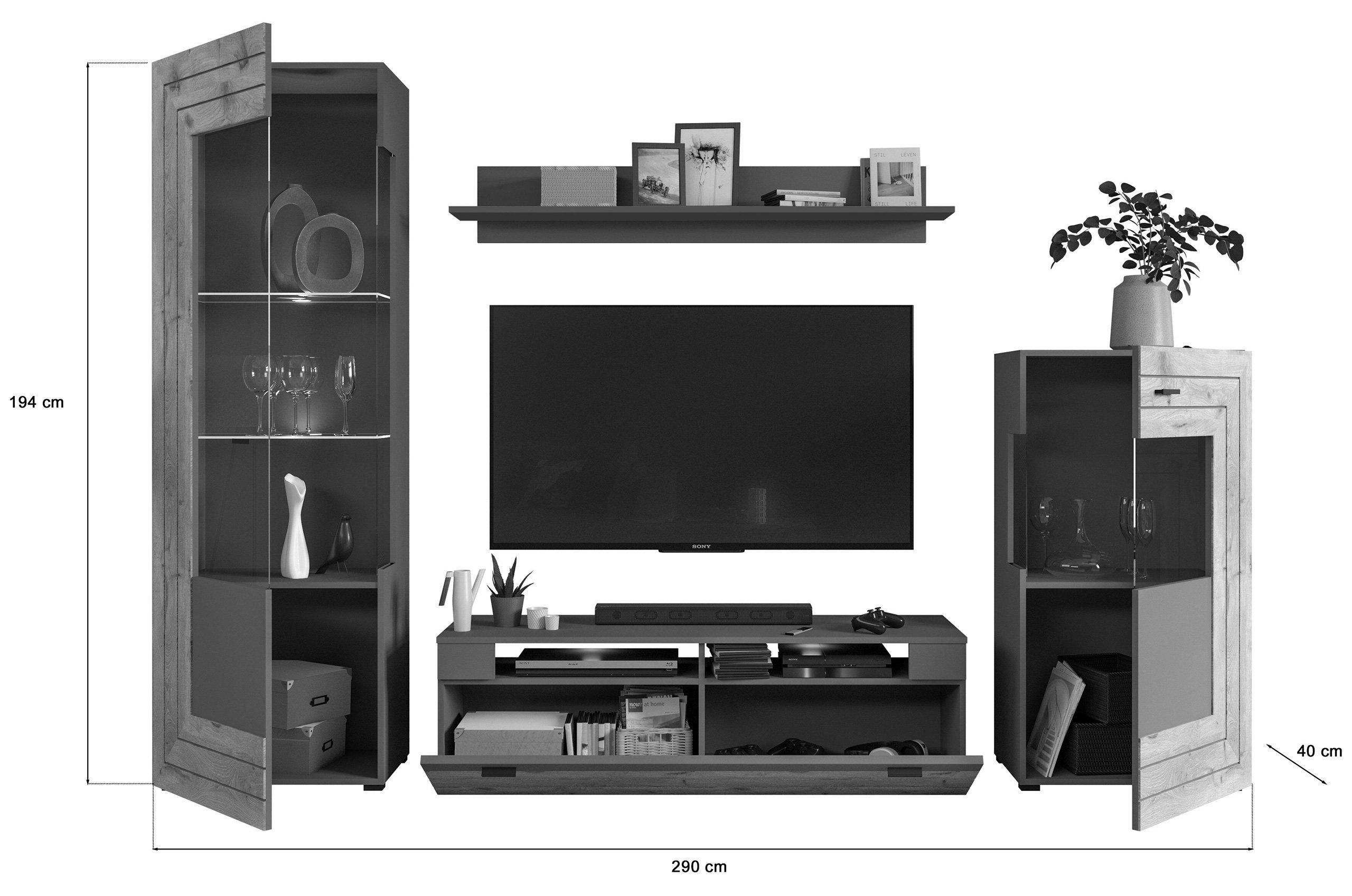 Newroom Wohnwand Dione, Wohnwand Grau Schrankwand Anbauwand Industrial Modern Wohnzimmer Sc...