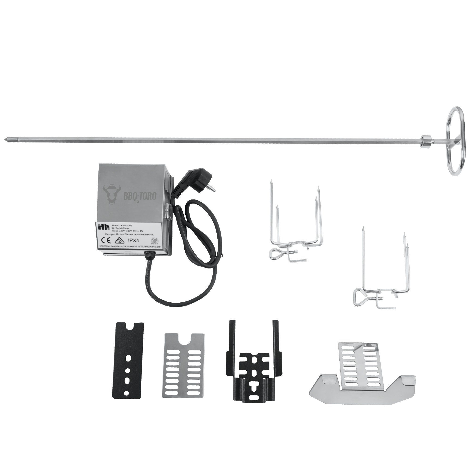 BBQ-Toro Grillspieß Edelstahl Grillspieß Set 70 cm, Motor 220V - 240V, 2 Fleischklammern