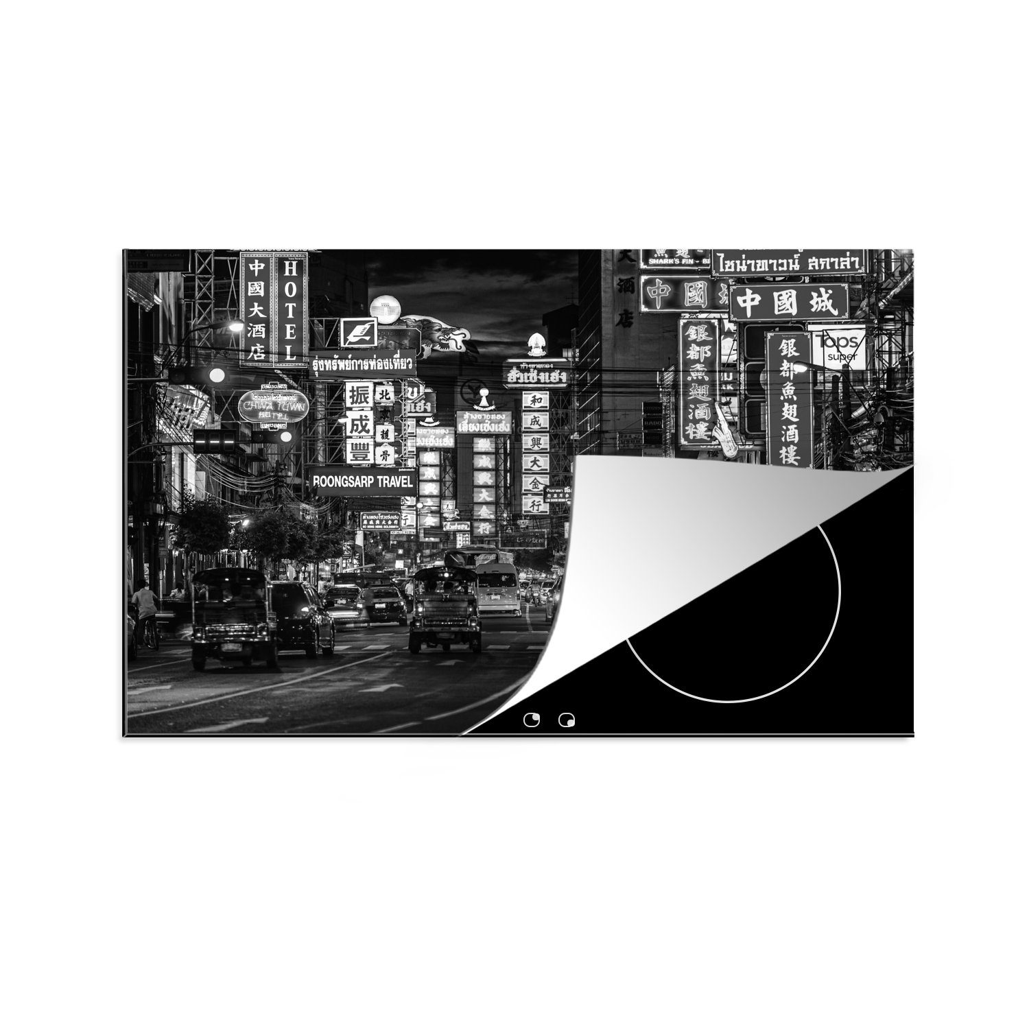 MuchoWow Herdblende-/Abdeckplatte Bangkok - Auto - Werbeschild - Schwarz - Weiß, Vinyl, (1 tlg), 81x52 cm, Induktionskochfeld Schutz für die küche, Ceranfeldabdeckung | Herdabdeckplatten