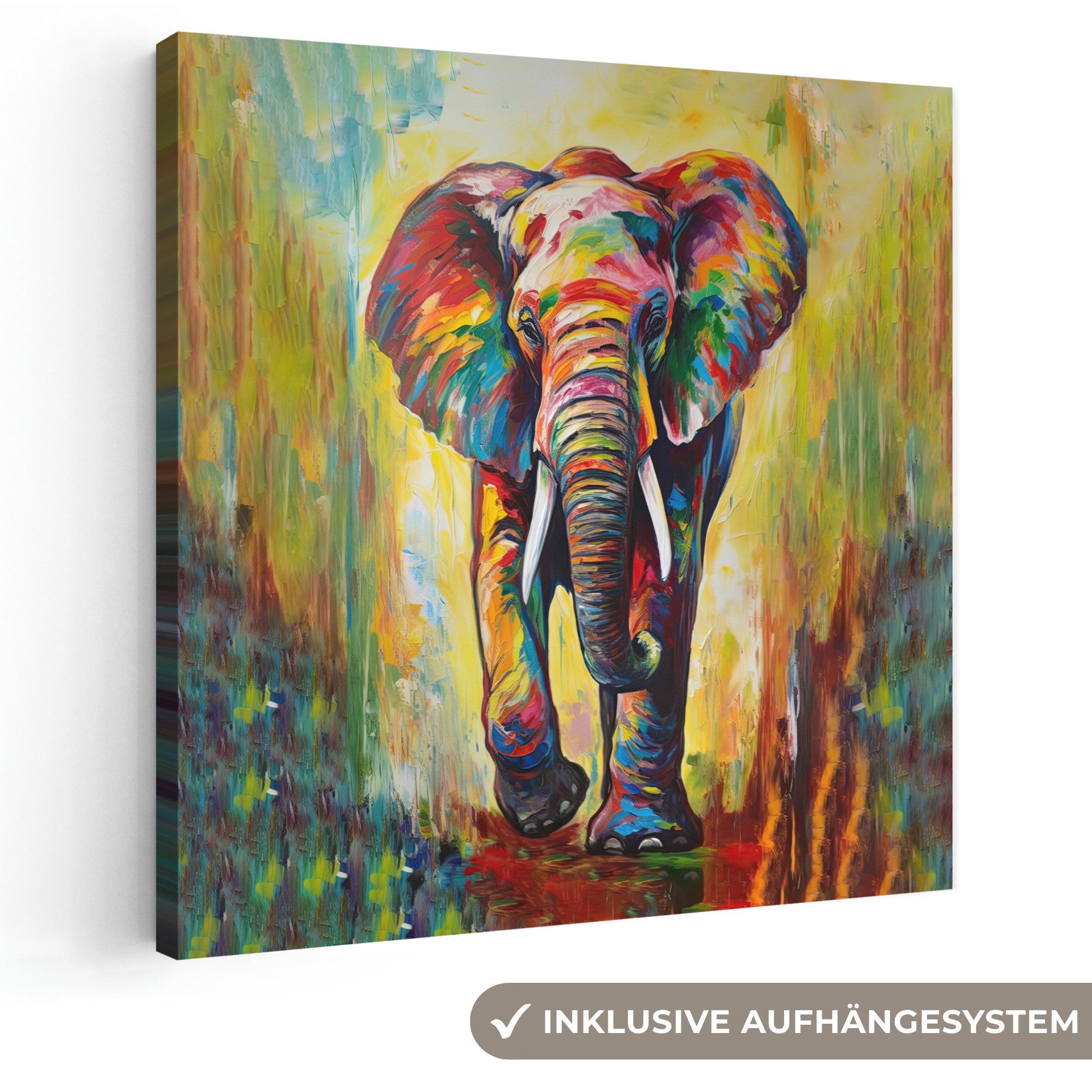 OneMillionCanvasses® Leinwandbild Elefant - Kunst - Malerei - Tiere - Regenbogen, Fotodruck (1 St), Wandbild, Deko Schlafzimmer Wohnzimmer Flur 20x20 cm
