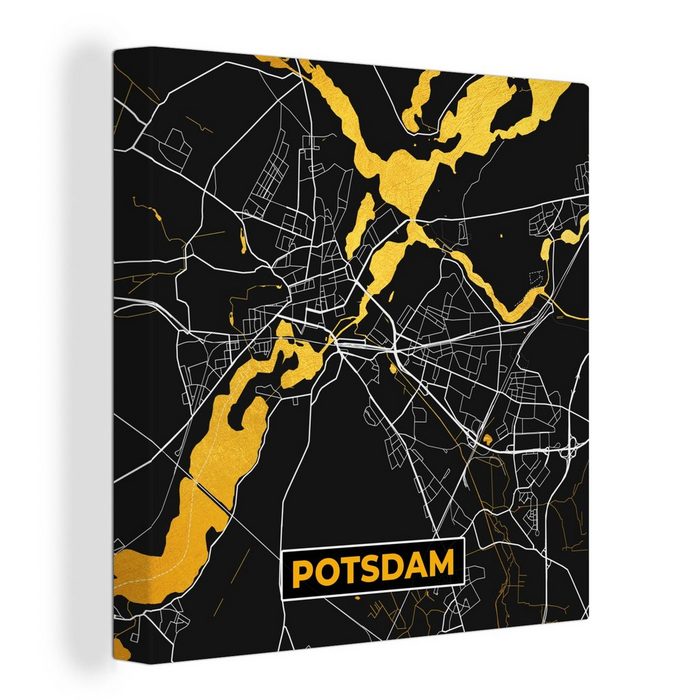 OneMillionCanvasses® Leinwandbild Potsdam - Stadtplan - Gold - Karte - Deutschland (1 St) Leinwand Bilder für Wohnzimmer Schlafzimmer