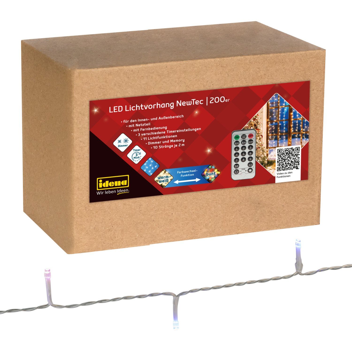Idena LED-Lichterkette Idena 200er LED Lichtvorhang NewTec warmweiß/bunt mit Fernbedienung