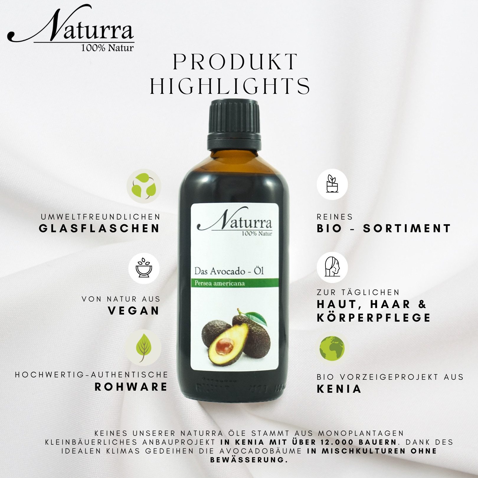 Naturra Körperöl Bio Avocadoöl kaltgepresst unraffiniert premium Qualität im Glas, kaltgepresst, unraffiniert, nativ, Premium Qualität, Mischkultur, Glas