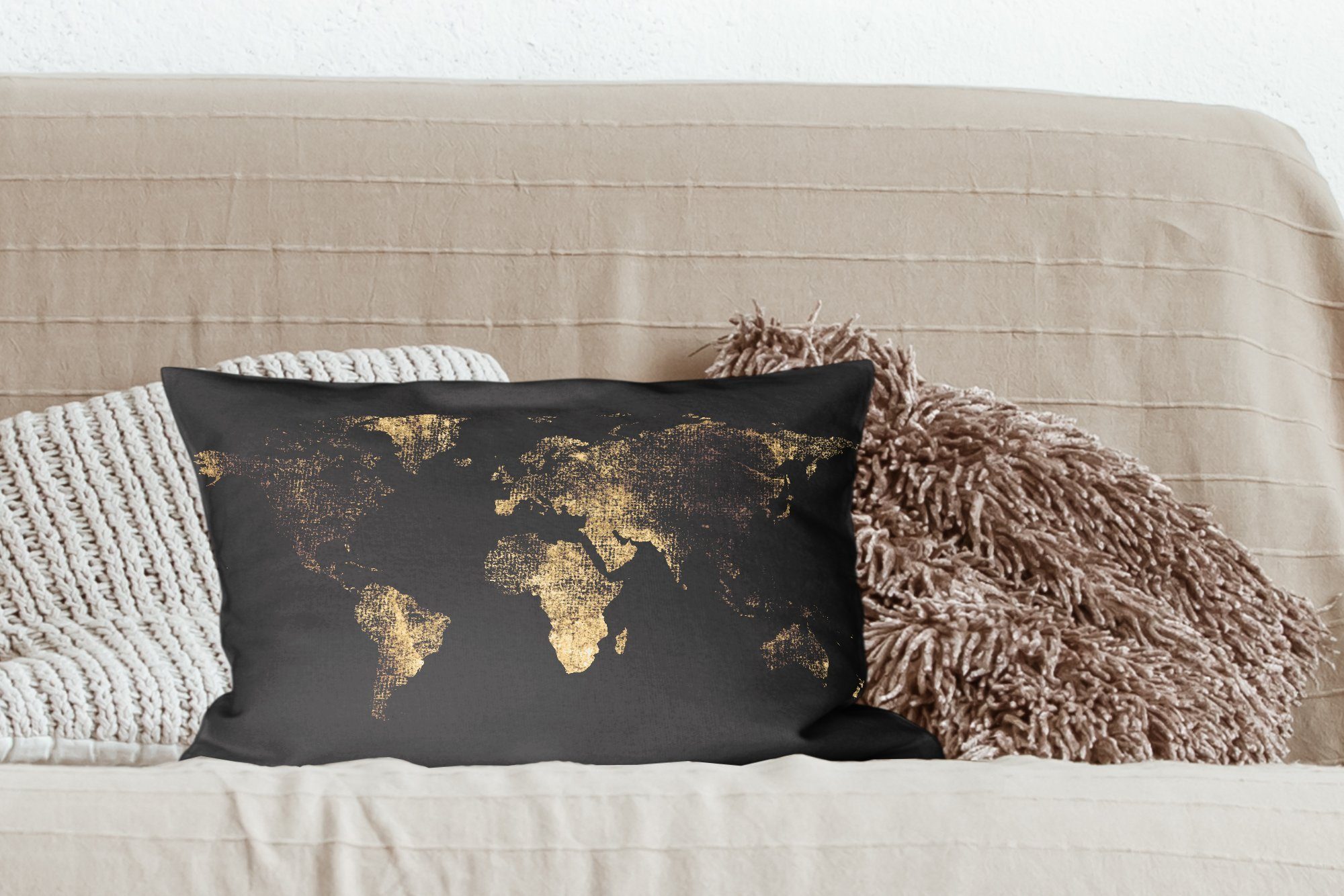 MuchoWow Dekokissen Weltkarte - Gold Erde - - Dekoration, mit Zierkissen, Füllung, Schlafzimmer - Wohzimmer Dekokissen Schwarz Luxus