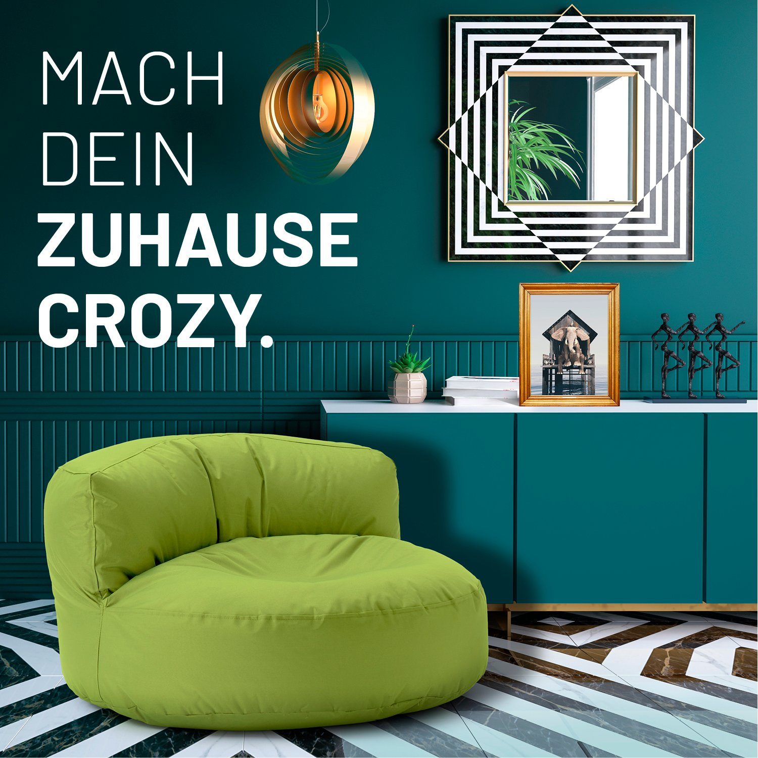 Lumaland grün 90x90x50cm Bean Sitzsack inkl. Bag Couch Outdoor Sitzkissen In-& Rückenlehne Round Sofa Lounge,