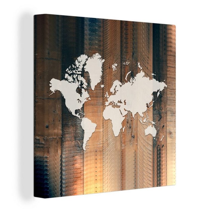 OneMillionCanvasses® Leinwandbild Weltkarte - Einfach - Holz (1 St) Leinwand Bilder für Wohnzimmer Schlafzimmer