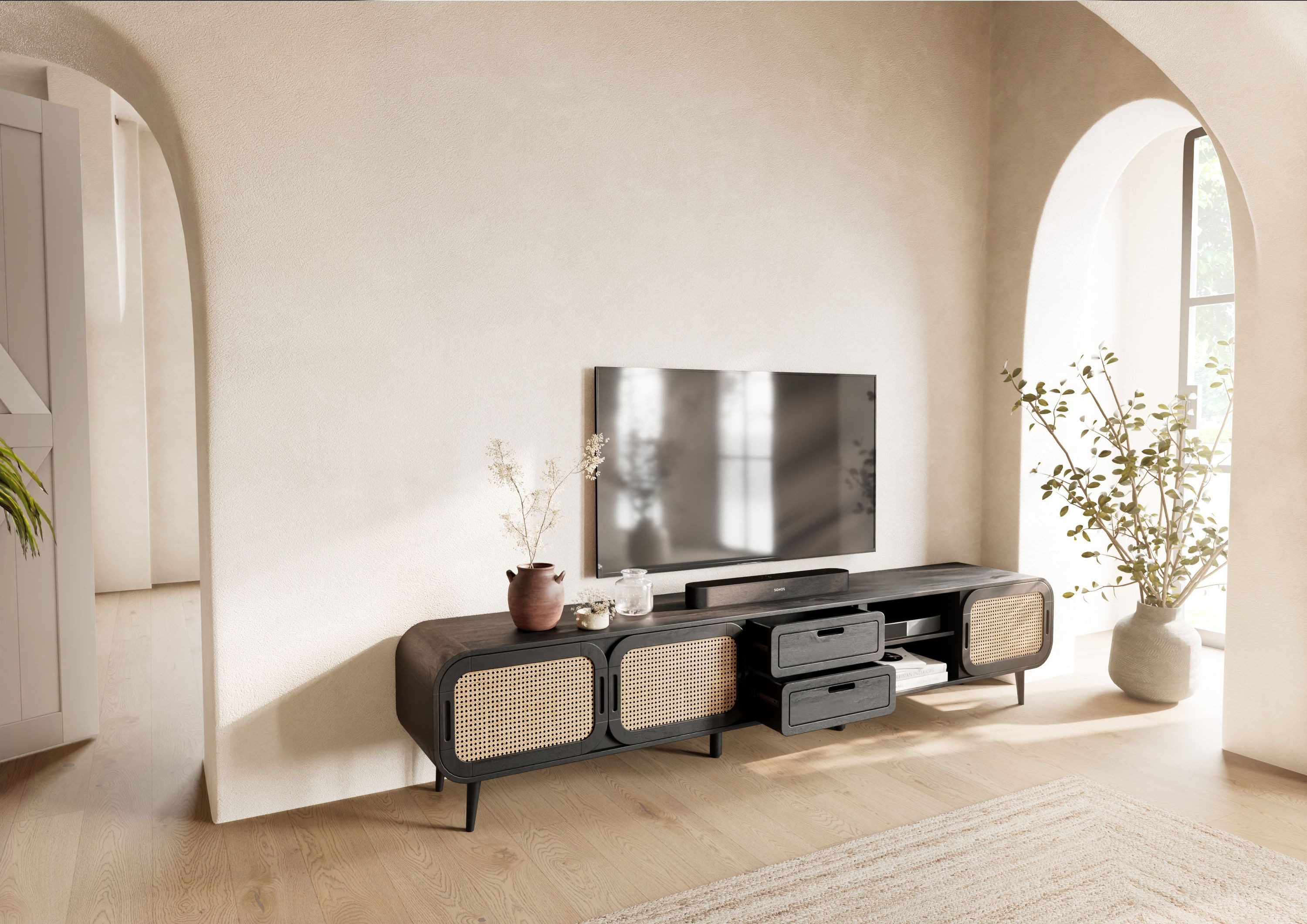 Massivmoebel24 TV-Board VALENCIA (Massivholz), Mango 240x40x50 dunkelgrau lackiert VALENCIA #225