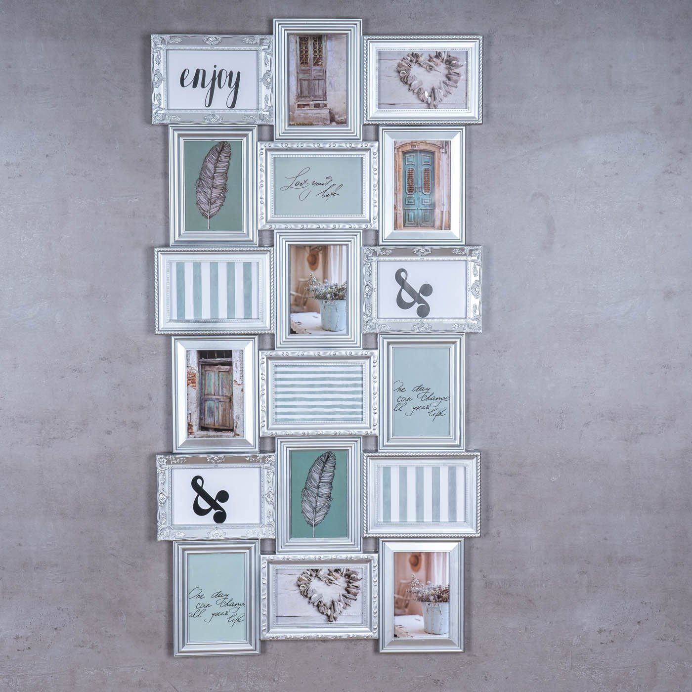 Levandeo® Bilderrahmen Collage, Bilderrahmen 18 Fotos 10x15cm Silber Barock Fotorahmen Collage