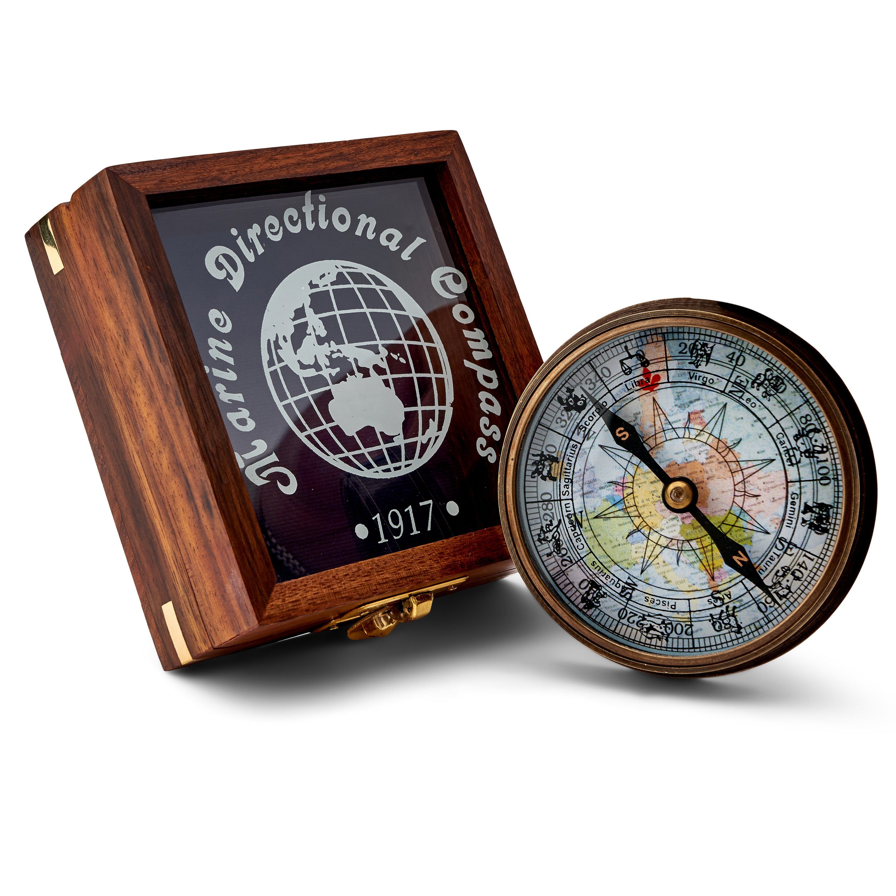 in antik mit NKlaus (Messing Holzbox Fenster Kompass aus Navigationsgerät Taschenkompass antik) maritimes Messing 7,8cm