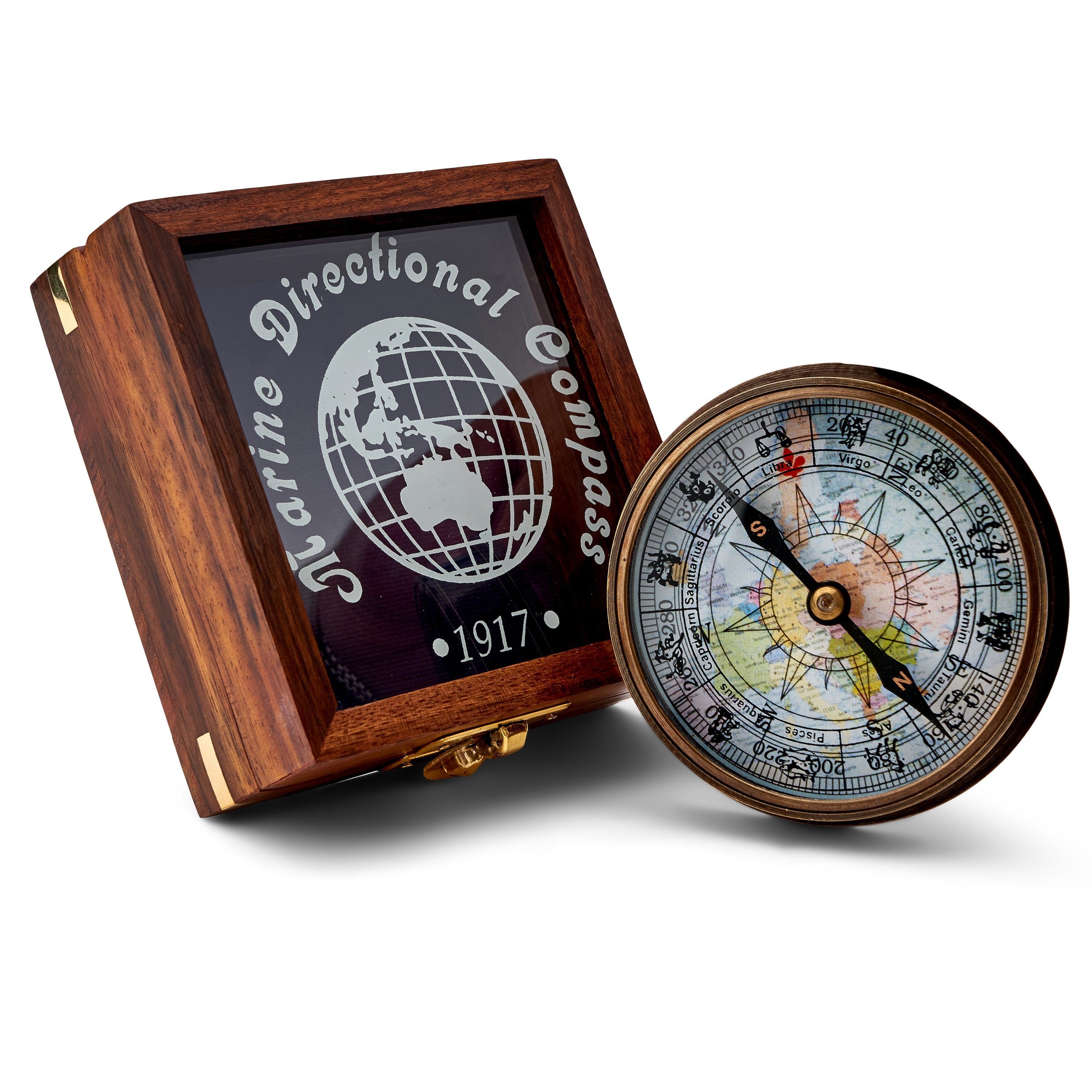 Kompass aus Messing antik 7,8cm in Holzbox mit Fenster Taschenkompass maritimes Navigationsgerät