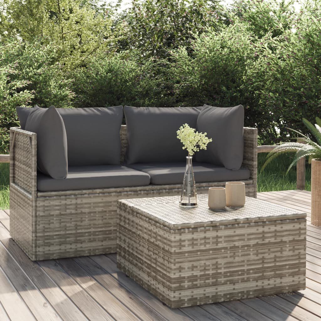 vidaXL Loungesofa 3-tlg. Garten-Lounge-Set mit Kissen Grau Poly Rattan, 1 Teile