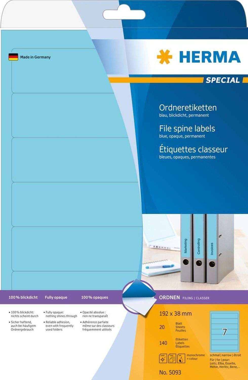 Hinweisschild HERMA Ordnerrcken-Etiketten SPECIAL, 192 x 38 mm, blau