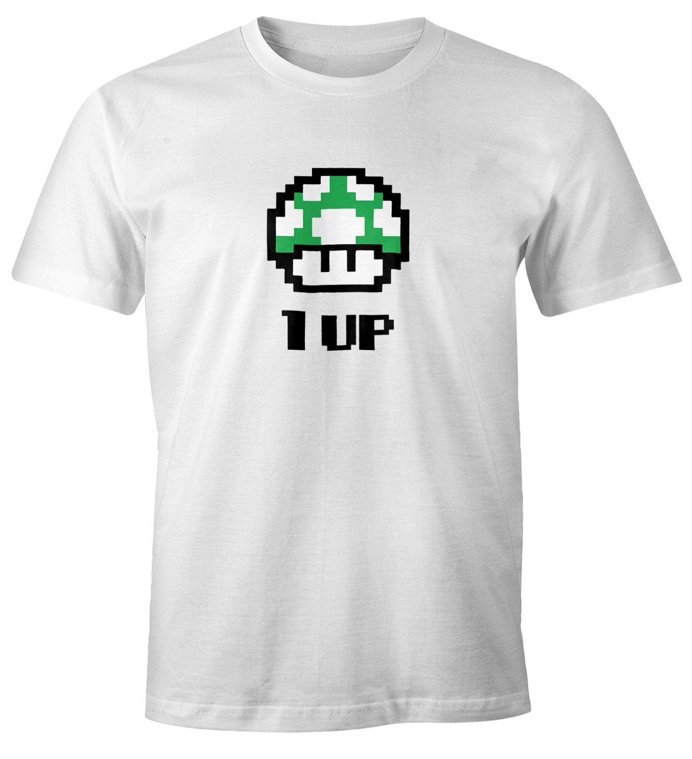 MoonWorks Print-Shirt Herren T-Shirt Geburtstag Retro Pixel-Pilz 1-Up-Pilz Level-Up Gaming Konsole 90er Fun-Shirt Moonworks® mit Print weiß