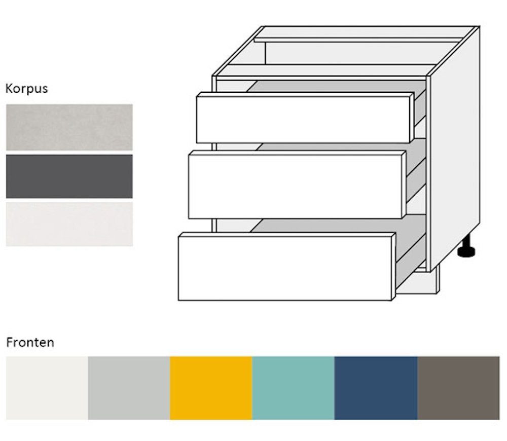 lackiert, pflegeleichter Front- Hochglanz Korpusfarbe mit 3 grifflos Auszugsunterschrank Feldmann-Wohnen MDF) Kunststoffoberfläche, & 80cm Schubladen 1021 Spanplatte rapsgelb (Hochglanz wählbar Soft-Close-Funktion, RAL Napoli (Vollauszug)