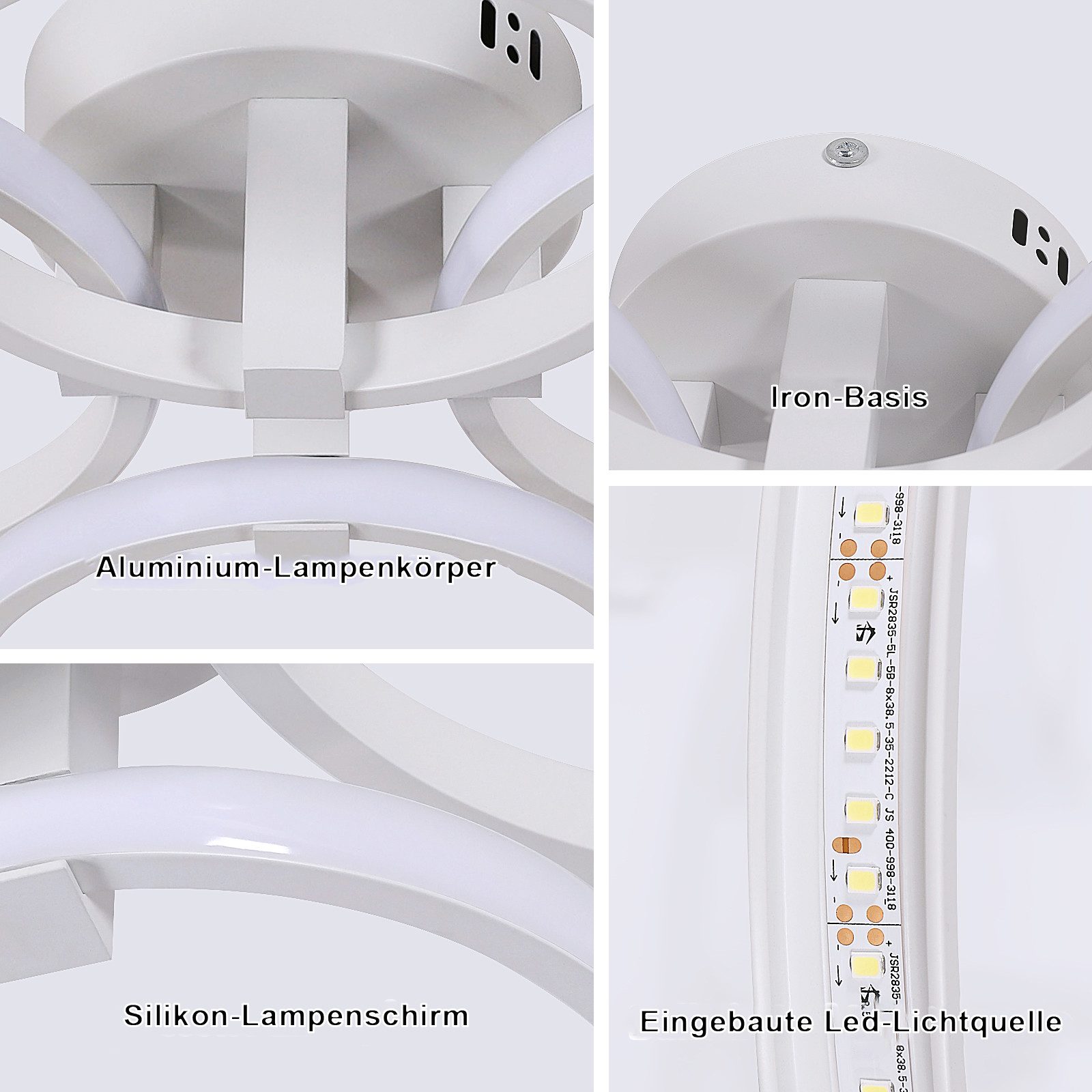 Goeco Deckenleuchte mit LED-Ring, asu Aluminium und Acryl, Tageslichtweiß, mit 4 runden Glühbirnen, 58*46*12cm, weiß