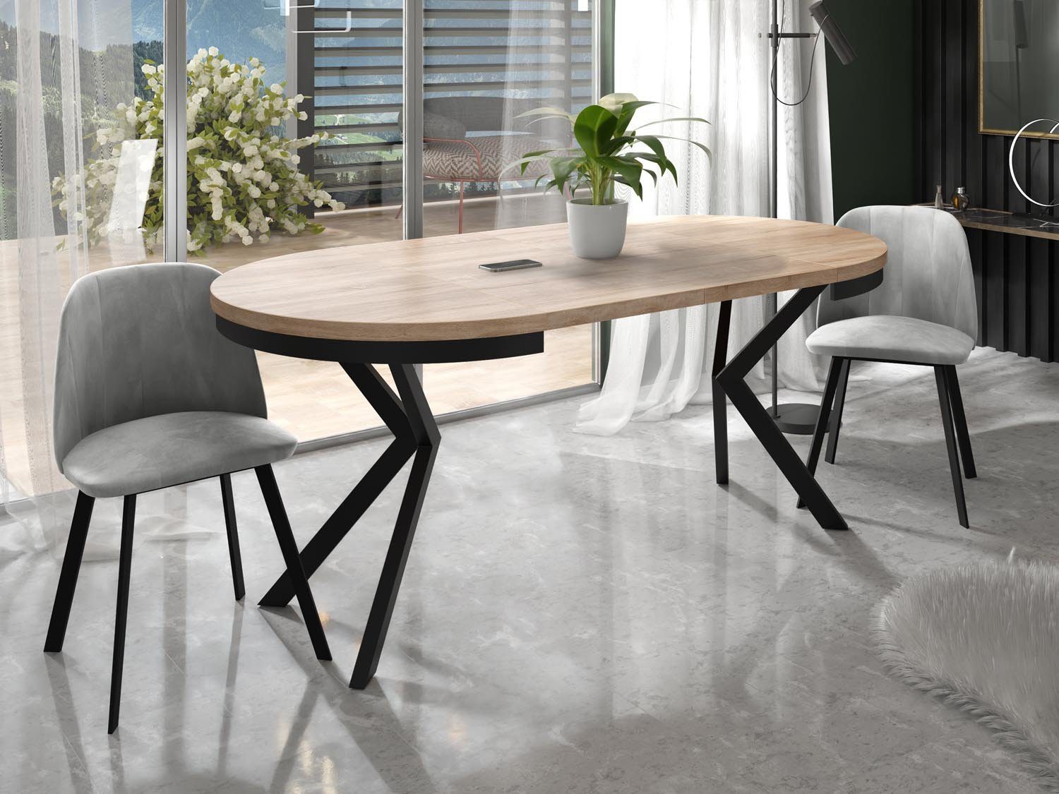 WFL GROUP Esstisch Ross ausziehbar rund industrial mit schwarzen Metallbeinen (MADE IN EU, erhältlich in 3 Größen – 90/100/120 cm ausziehbar auf 170/180/200 cm) – Bild 4 von 5