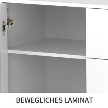 Merax Sideboard mit verspiegelten Glastüren und vier Schubladen, Kommode im Landhausstil, Anrichte, Küchenschrank, B/H/T:148/102/40cm