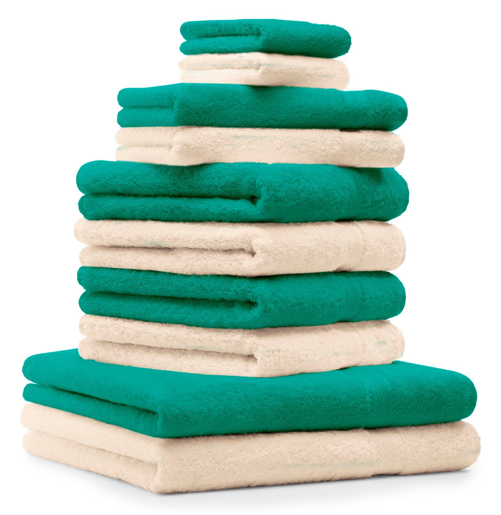 Betz Handtuch Set 10-TLG. Handtuch-Set Premium 100% Baumwolle 2 Duschtücher 4 Handtücher 2 Gästetücher 2 Waschhandschuhe Farbe Smaragd Grün & Beige, 100% Baumwolle | Handtuch-Sets